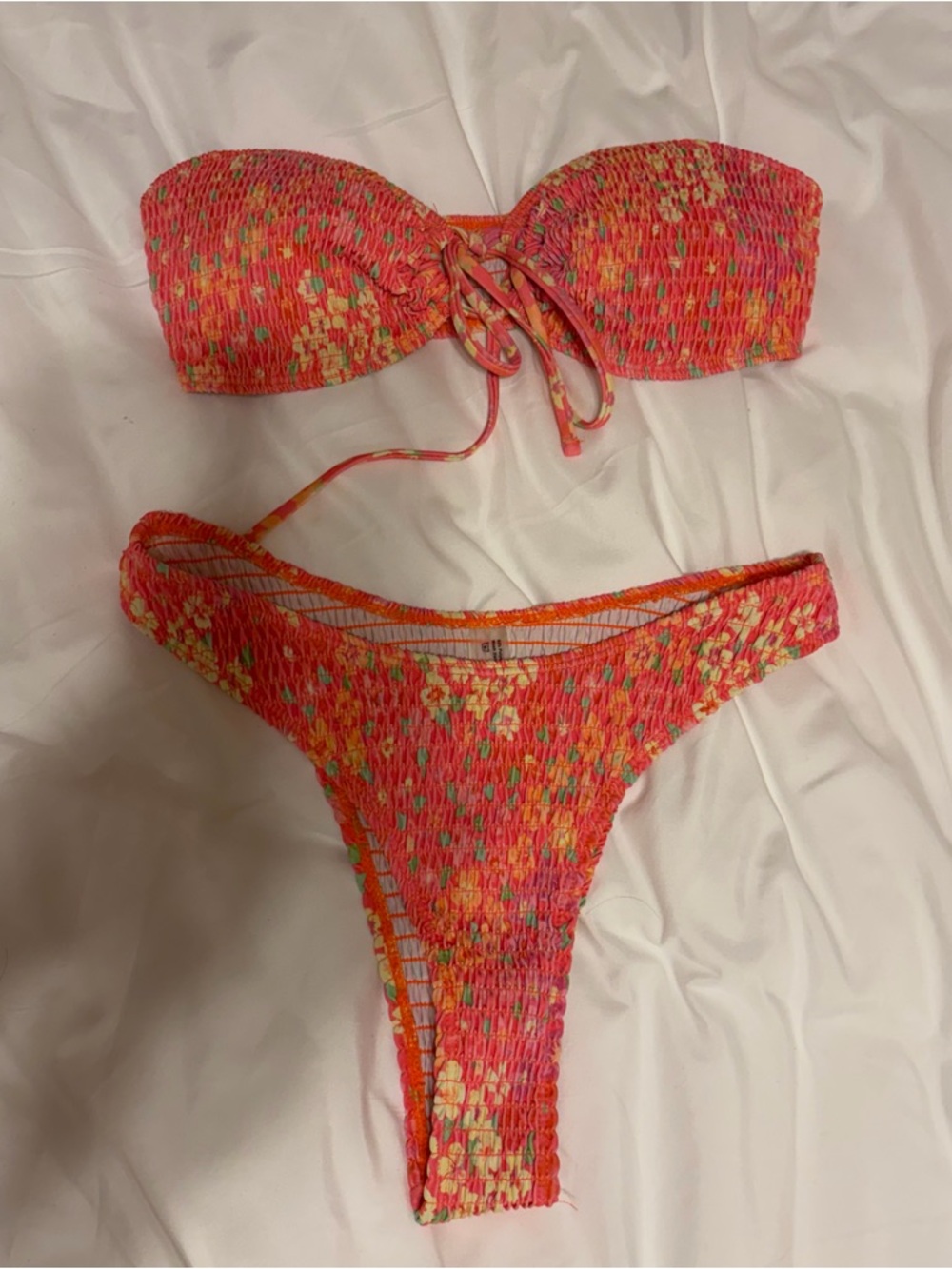 SHEIN Neon Orange-Striped Smocked Bikini Top